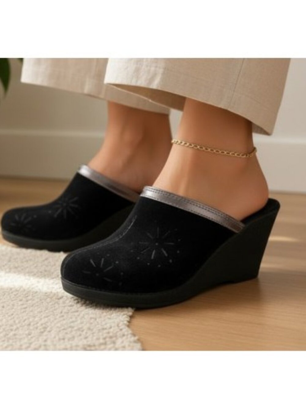 Black with Silver Suede Wedge Clog Ladies Size 8